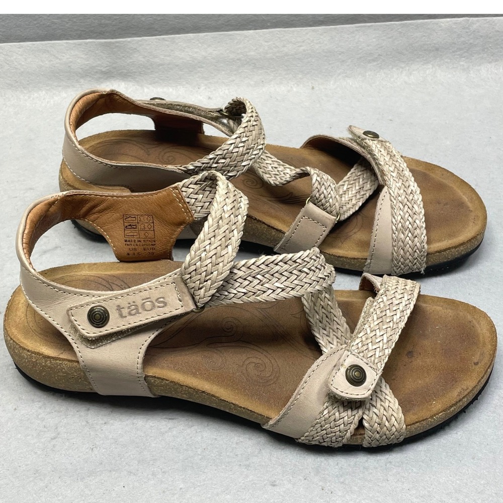Taos Braided Leather Strappy Sandals Womens 8-8.5 Beige Comfort Cork Spain - Picture 9 of 11